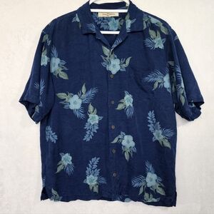Tommy Bahama 100% Silk Navy Aqua Floral Button Up Short Sleeve Shirt Mens M